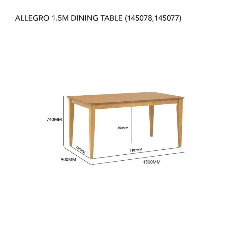 Allegro 1.5m dining table in wood with dimensions in millimeters on white background