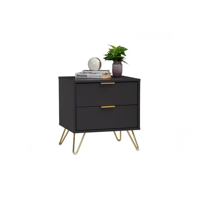 Modern black nightstand with gold handles, hairpin legs, books, lamp, and potted plant