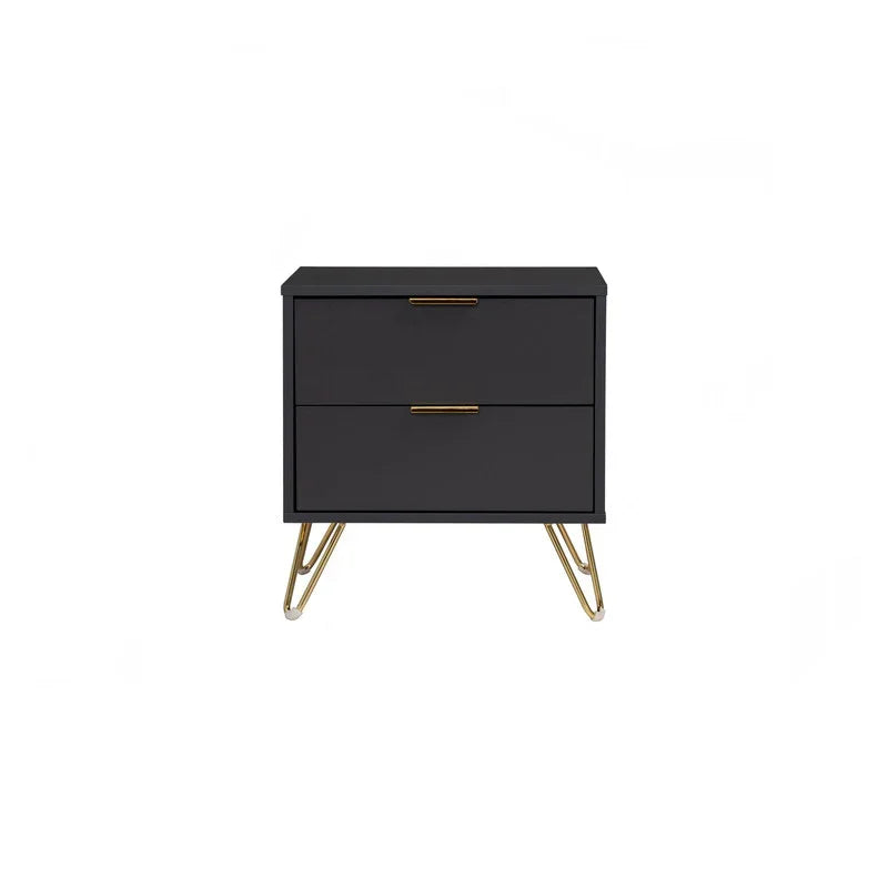 Modern black nightstand with two drawers and gold metal legs on white background