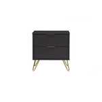 Modern black nightstand with two drawers and gold metal legs on white background