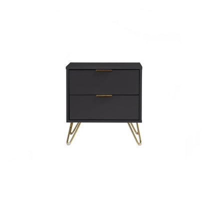 Modern black nightstand with two drawers and gold metal legs on white background