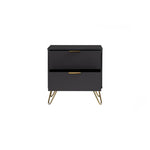Modern black nightstand with gold handles and hairpin legs, two drawers, white background