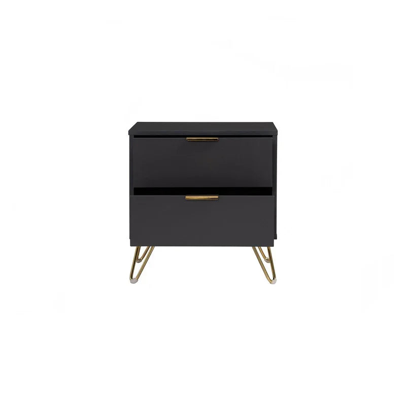 Modern black nightstand with gold handles and hairpin legs, two drawers, white background
