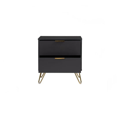 Modern black nightstand with gold handles and hairpin legs, two drawers, white background