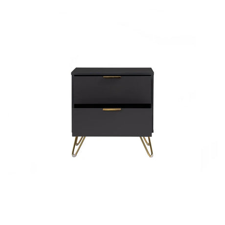 Modern black nightstand with gold handles and hairpin legs, two drawers, white background