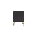 Black modern nightstand with gold metal legs on white background