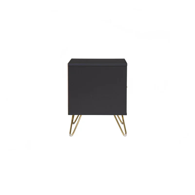 Black modern nightstand with gold metal legs on white background