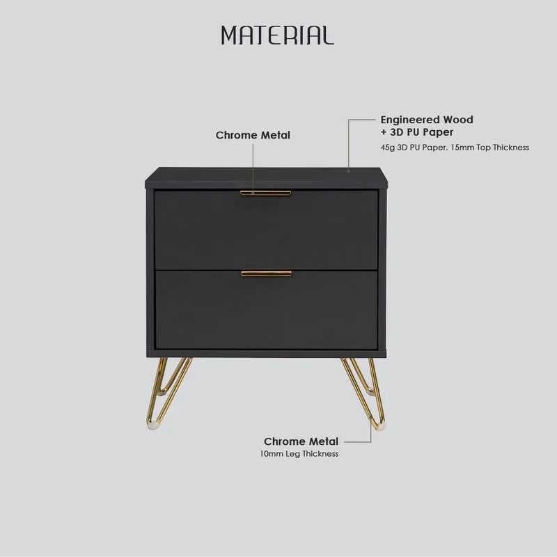 Black nightstand with chrome metal legs and handles, engineered wood, material details labeled