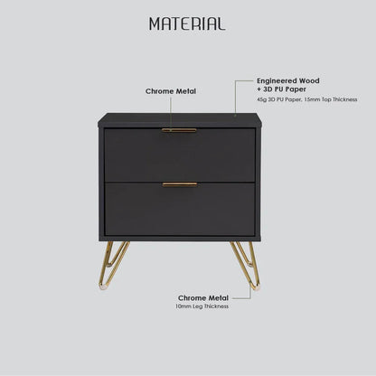 Black nightstand with chrome metal legs and handles, engineered wood, material details labeled