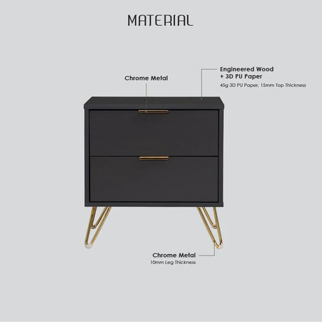 Black nightstand with chrome metal legs and handles, engineered wood, material details labeled