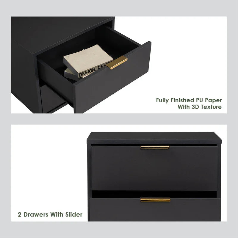 Black nightstand with two drawers, gold handles, PU paper 3D texture, modern design