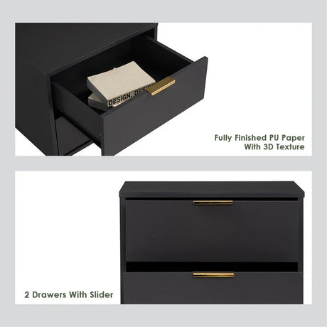 Black nightstand with two drawers, gold handles, PU paper 3D texture, modern design