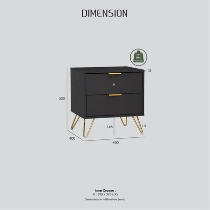 Black modern nightstand with gold legs, two drawers, and labeled dimensions in millimeters