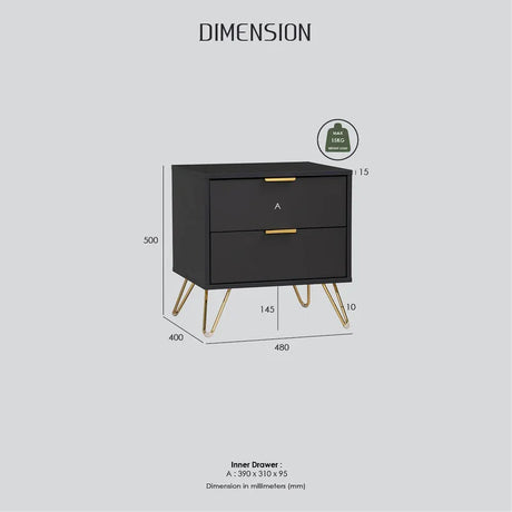Black modern nightstand with gold legs, two drawers, and labeled dimensions in millimeters
