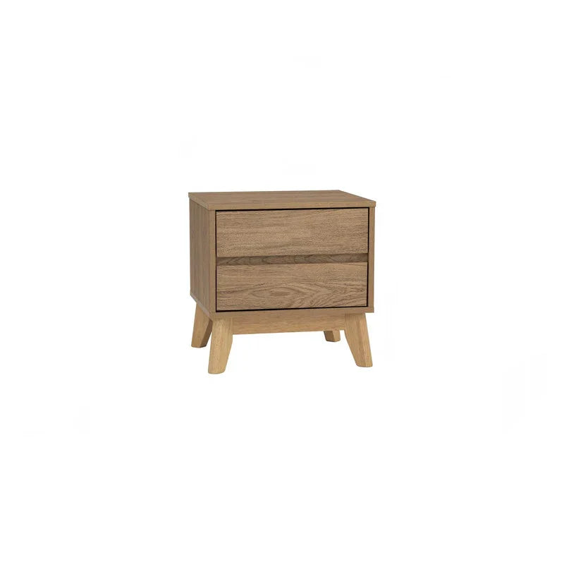 Modern wooden nightstand with two drawers and angled legs on white background