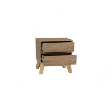 Modern wooden nightstand with two open drawers and angled legs on white background