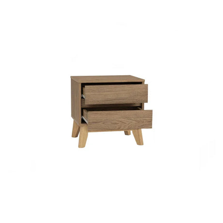 Modern wooden nightstand with two open drawers and angled legs on white background