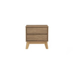 Modern oak wood nightstand with two drawers and angled legs on white background