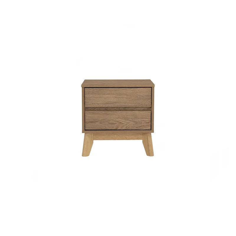 Modern oak wood nightstand with two drawers and angled legs on white background