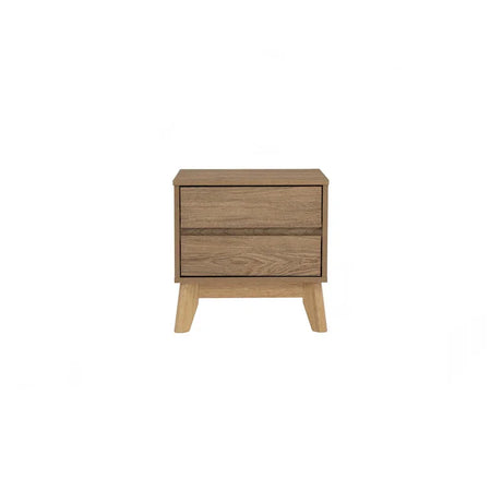 Modern oak wood nightstand with two drawers and angled legs on white background