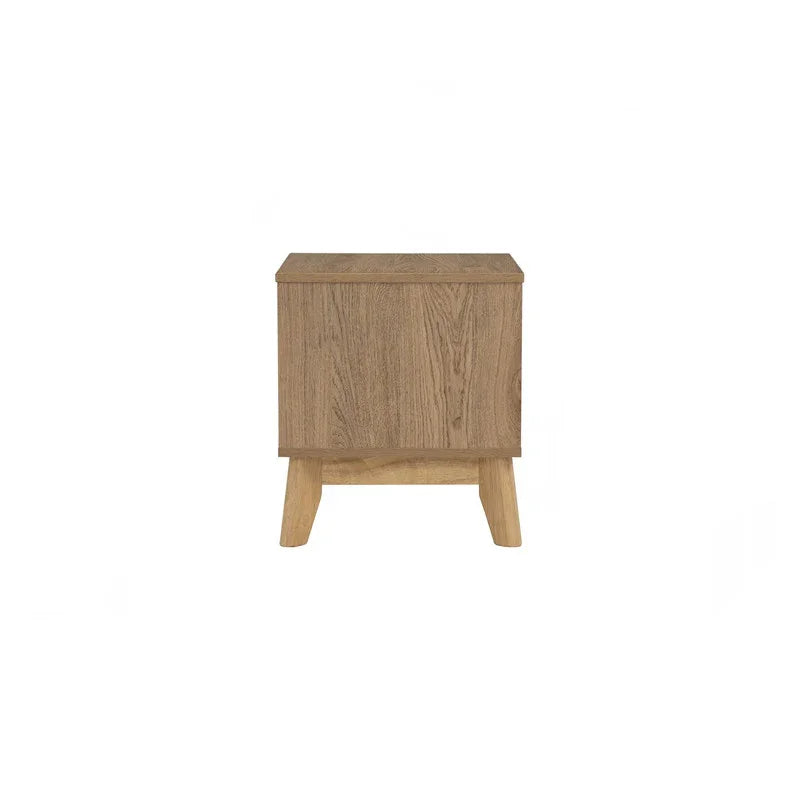 Modern light oak wood nightstand with clean lines and minimalist design on white background