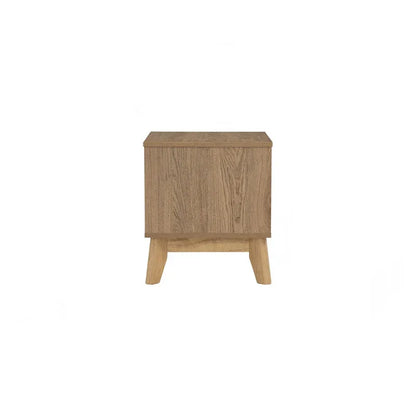 Modern light oak wood nightstand with clean lines and minimalist design on white background