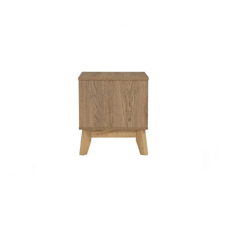 Modern light oak wood nightstand with clean lines and minimalist design on white background