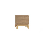 Modern wooden nightstand with angled legs on white background