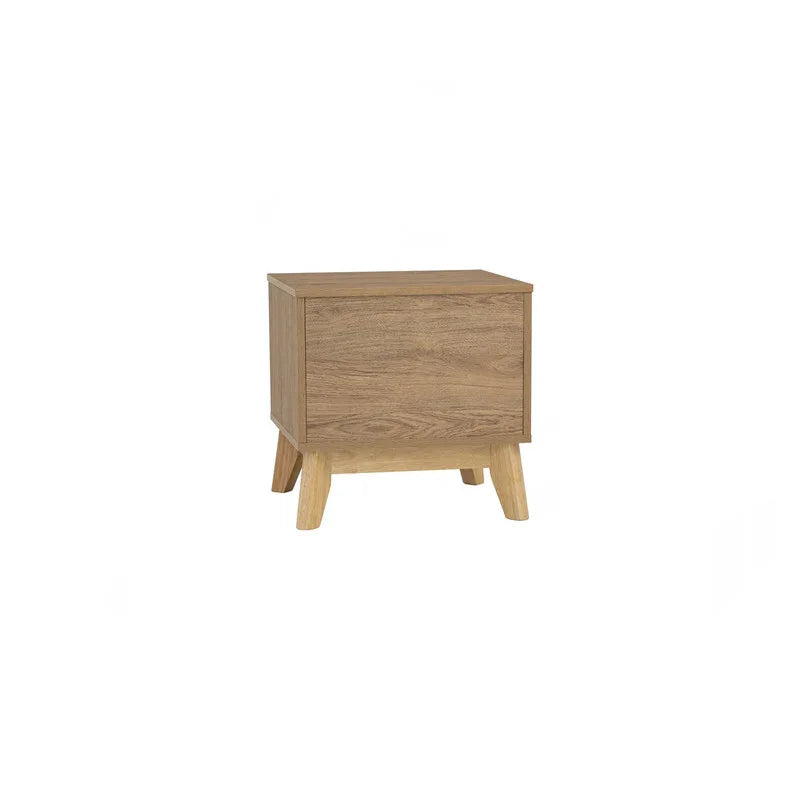 Modern wooden nightstand with angled legs on white background