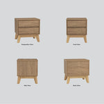 Modern wooden nightstand with two drawers, shown in perspective, front, side, and back views