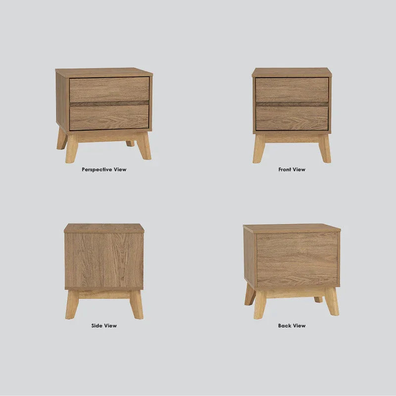 Modern wooden nightstand with two drawers, shown in perspective, front, side, and back views