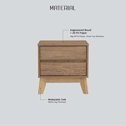 Modern wooden nightstand with engineered wood top and Malaysian oak legs