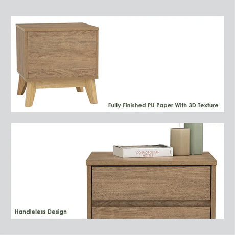 Modern wooden nightstand with 3D textured PU finish and handleless drawer design