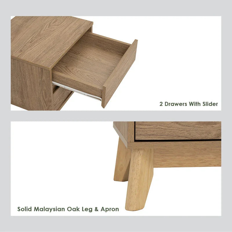 Wood nightstand with 2 sliding drawers and solid Malaysian oak legs and apron