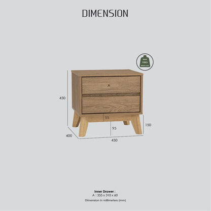 Wooden bedside table with two drawers, labeled dimensions, maximum load 15kg, light wood finish.