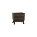 Modern dark wood nightstand with two drawers and angled legs on white background
