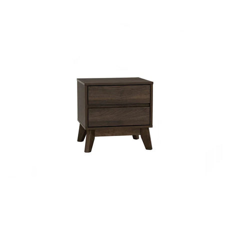 Modern dark wood nightstand with two drawers and angled legs on white background