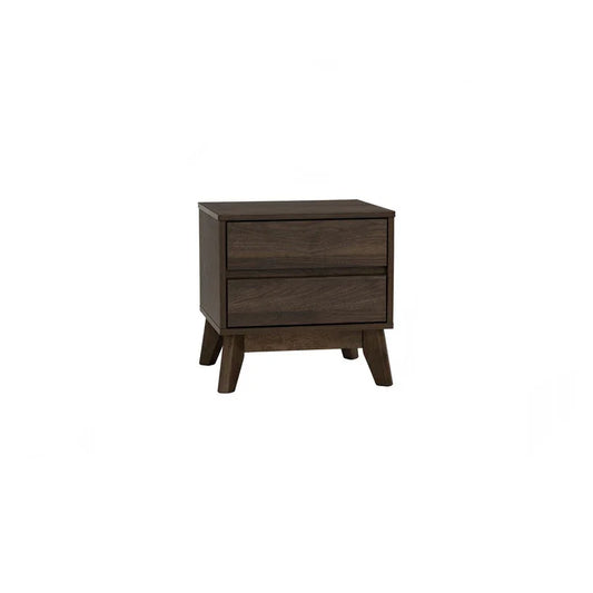 Modern dark wood nightstand with two drawers and angled legs on white background