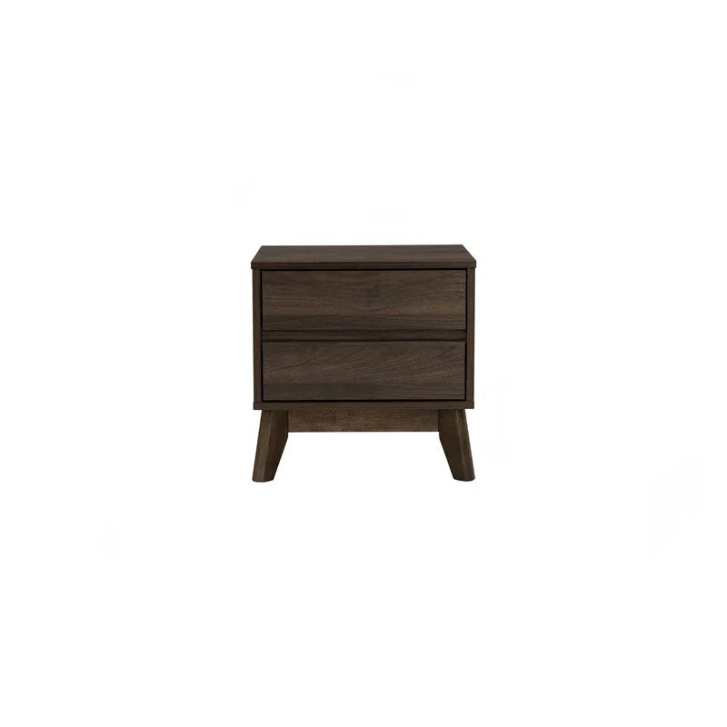 Mid-century modern dark wood nightstand with two drawers and angled legs