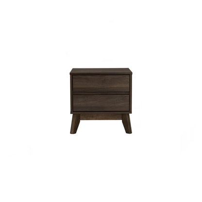 Mid-century modern dark wood nightstand with two drawers and angled legs