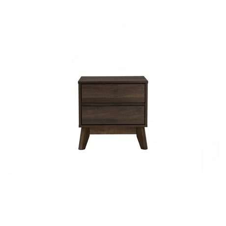 Mid-century modern dark wood nightstand with two drawers and angled legs