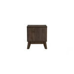 Modern dark wood nightstand with angled legs on white background