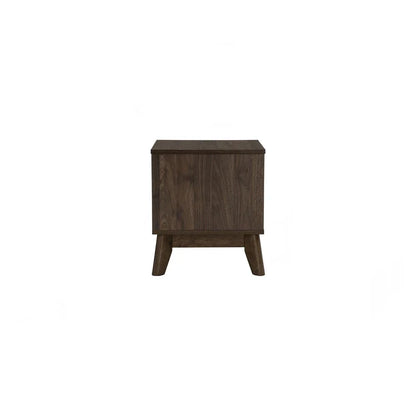 Modern dark wood nightstand with angled legs on white background
