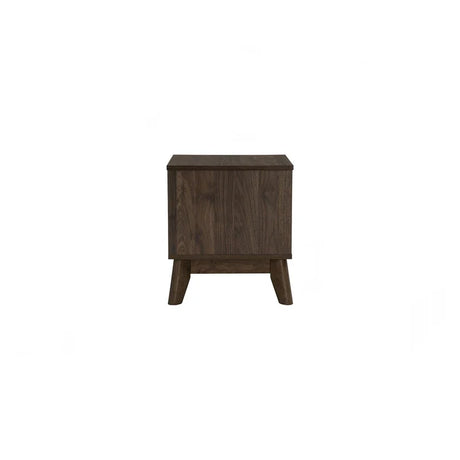 Modern dark wood nightstand with angled legs on white background