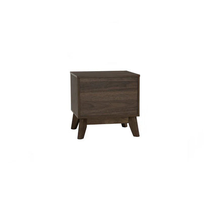 Modern dark wood nightstand with angled legs on white background