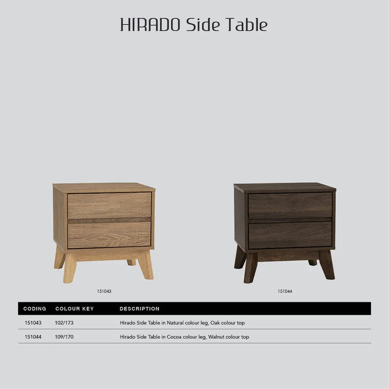 Hirado side tables in natural oak and cocoa walnut finishes with two drawers, modern design.