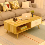 Modern wooden coffee table with books, laptop, camera and vase in a cozy living room