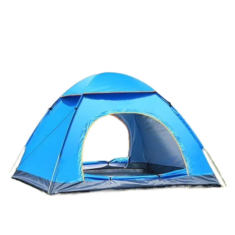 Blue dome camping tent with large arched door and mesh floor on white background