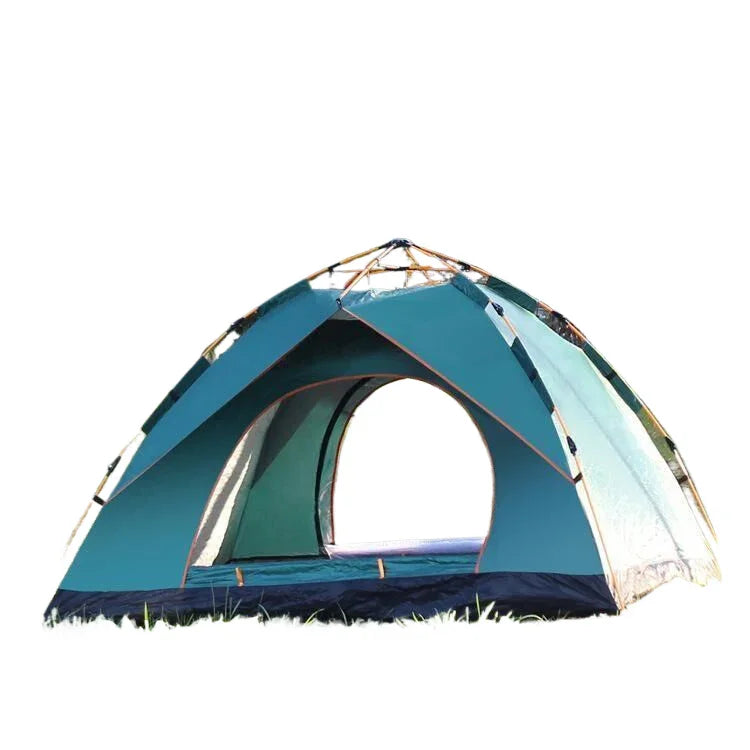 Blue camping tent with dome shape and large circular entrance on grass