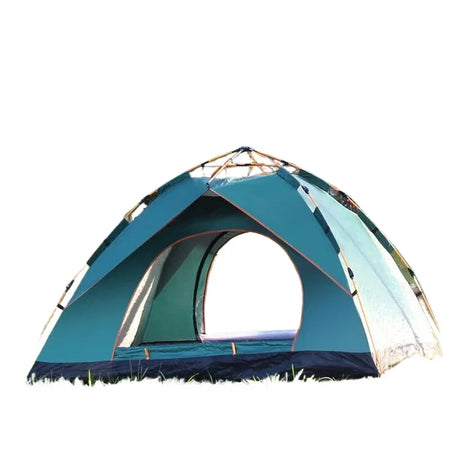 Blue camping tent with dome shape and large circular entrance on grass